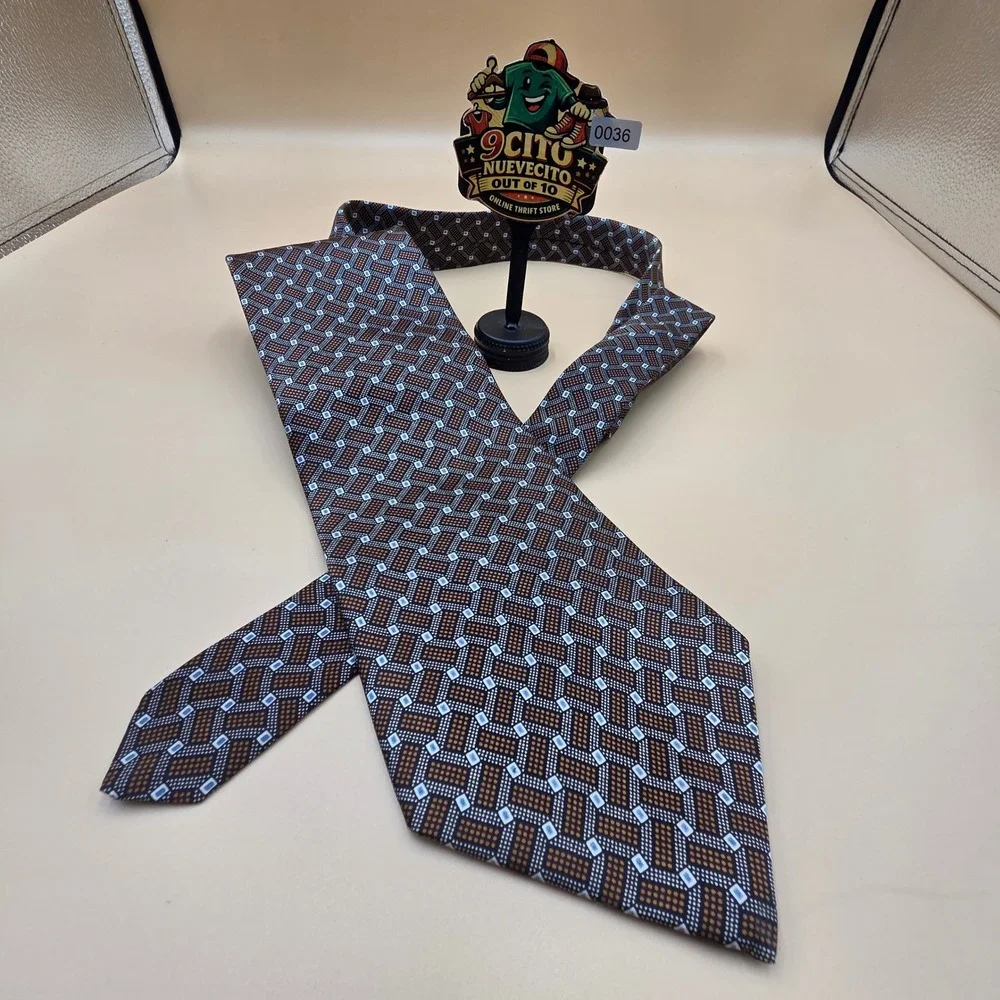 Perry Ellis Portfolio Mens Silk Tie Brown Blue Geometric Pattern Made in USA